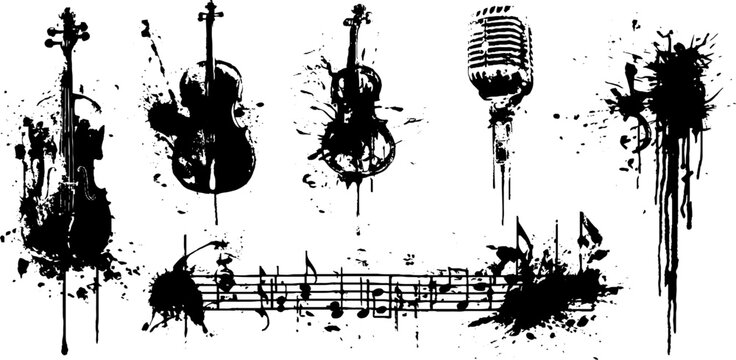 Black ink splatter musical silhouettes set with instruments and microphone for artistic design