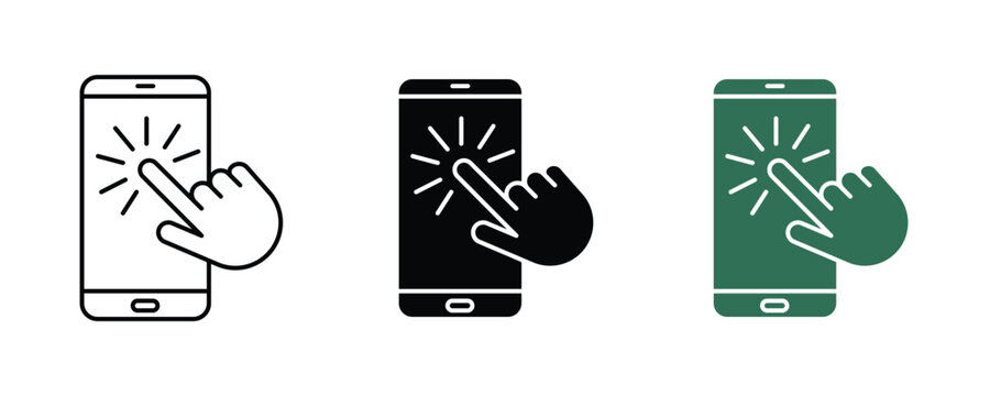 Smartphone screen with hand cursor tap gesture icon set vector on white background. 