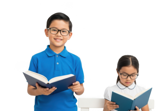 Smiling asian boy in glasses holding a book, isolated on transparent background a girl is reading next to him they are students and love to read - Powered by Adobe