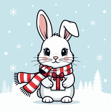 Cute Cartoon White Rabbit Holding Gift in Winter Scarf