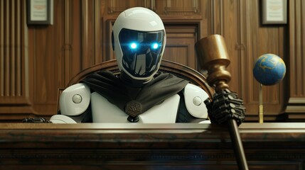 A Futuristic Robot Judge Presides Over a Courtroom, Illuminated with Blue Eyes, Emanating Authority and Justice in a Highly Advanced Judicial Setting