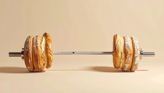 Barbell with bagels stacked as weight plates on beige background