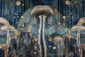 Mesmerizing Underwater World: A Stunning Artistic Representation of Jellyfish in Vibrant Colors and Intricate Patterns Against a Deep Blue Background