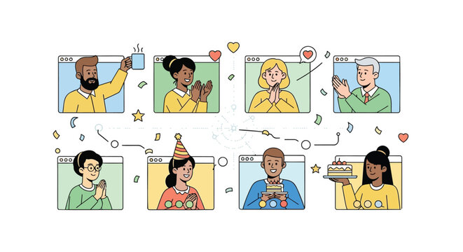 Diverse group of people celebrating a birthday virtually through video calls and online connections