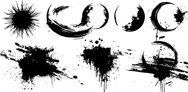Black ink splatter illustration set featuring sun and moon symbols for minimalist design