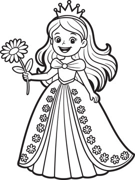 Charming princess holding a daisy flower crowned and dressed in a gown