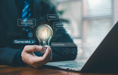 Hand holding an AI lightbulb with Generate command on a laptop screen, representing ideas, content creation, digital innovation powered by artificial intelligence. tech communication assistant AI chat