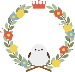 シマエナガとお花のナチュラルな月桂冠フレーム