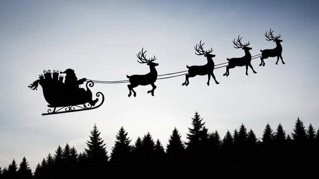 Santa Claus Sleigh with Reindeer Flying Over Pine Forest Silhouette at Dusk/Dawn