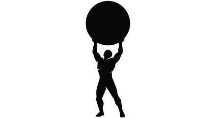 Strong silhouette of a muscular man holding a large sphere above his head against a white background