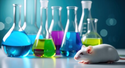 White laboratory mouse observes vibrant experimental liquids in scientific flasks, symbolizing medical research and biotechnology advancements for future discovery