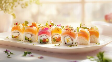 A delicious plate of fresh sushi, elegantly arranged on a white plate