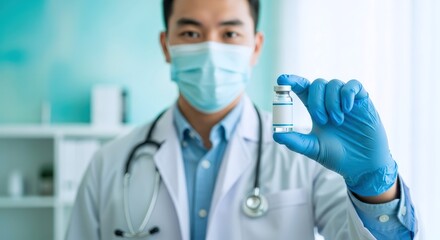 Asian medical doctor in a protective face mask and blue gloves holds a clear vaccine vial, symbolizing scientific progress and global health solutions