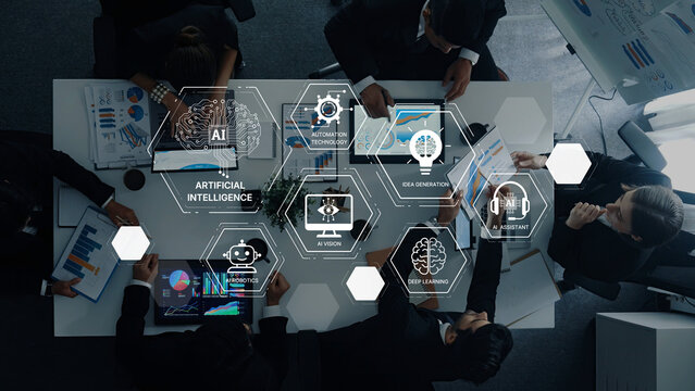 A dynamic meeting of business professionals utilizing artificial intelligence tools and data analysis, surrounded by modern tech in a collaborative office environment. Trope