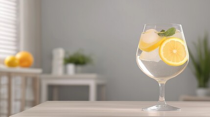 A glass of sparkling water with ice cubes and lemon slices, placed on a light wooden surface