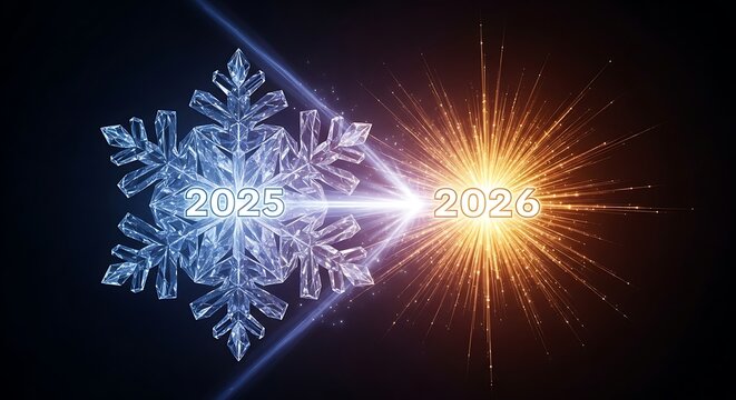 20252026 New Year Transition Snowflake to Bursting Light Abstract Concept.