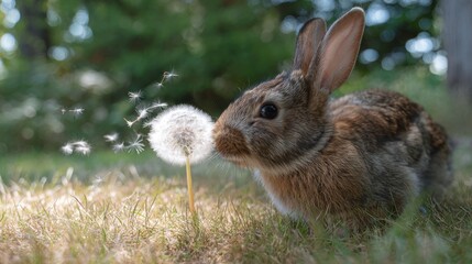 Fototapeta premium Brown rabbit sniffs a dandelion with seeds blowing in a grassy outdoor setting