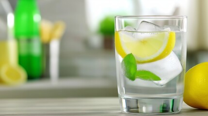 A glass of sparkling water with ice cubes and lemon slices, placed on a light wooden surface