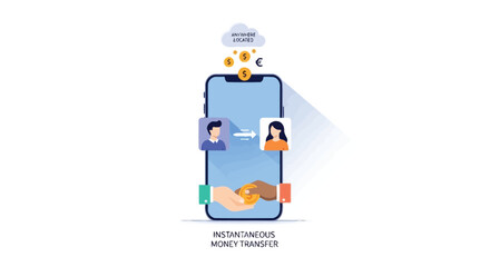 Fototapeta premium Illustration of instantaneous money transfer between two people using a smartphone app for global financial transactions