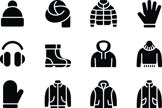 Winter clothing and accessories vector icon set hat scarf jacket gloves earmuffs boots hoodie and more for cold weather protection