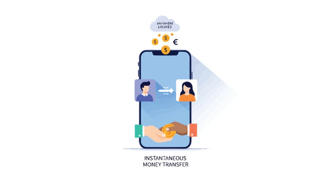 Illustration of instantaneous money transfer between two people using a smartphone app for global financial transactions