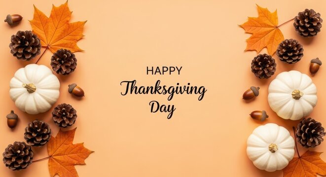 Happy thanksgiving day text with autumn decoration, white pumpkins, maple leaves, pinecones, and acorns on an orange background