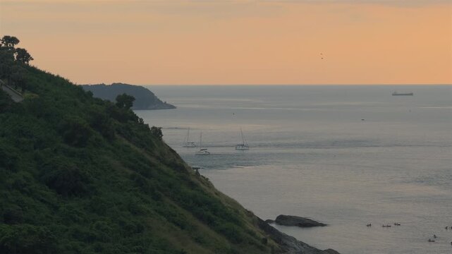 sunset time phuket island famous water traffic bay view point top panorama 4k thailand