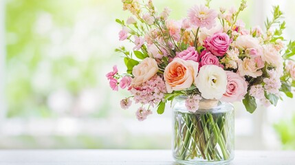 A delicate bouquet of fresh flowers in a glass vase on a white table, with soft natural light casting gentle shadows
