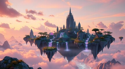 Surreal floating island archipelago with bioluminescent flora and golden-hour cinematic 3D landscape.
