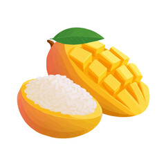 Mango Sticky Rice, 2D flat vector illustration in icon style, isolated on a white background