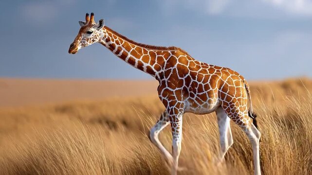 Giraffe Stroll in Savannah: An elegant giraffe gracefully strides through the tall savanna grass, its distinctive spotted pattern contrasting with the warm earth tones under a vast sky.