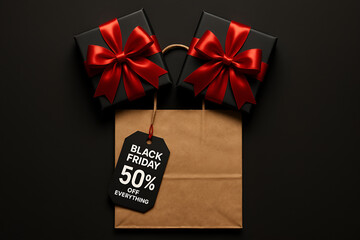 Flat lay of black gift boxes with red bows and brown shopping bag with fifty percent off Black Friday tag
