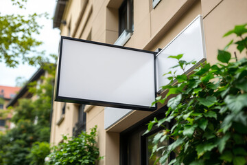 Blank Store Sign Mockup: Outdoor Business Signage on Building Facade for Branding & Advertising, Modern Rectangle Signboard Template