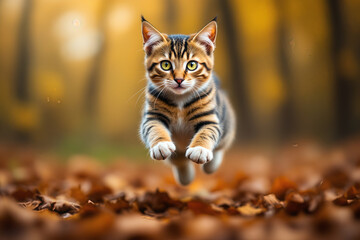Running Bengal Kitten in Autumn Leaves: Cute Tabby Cat Portrait in Fall Foliage, Playful Feline in Nature, Golden Hour Photography