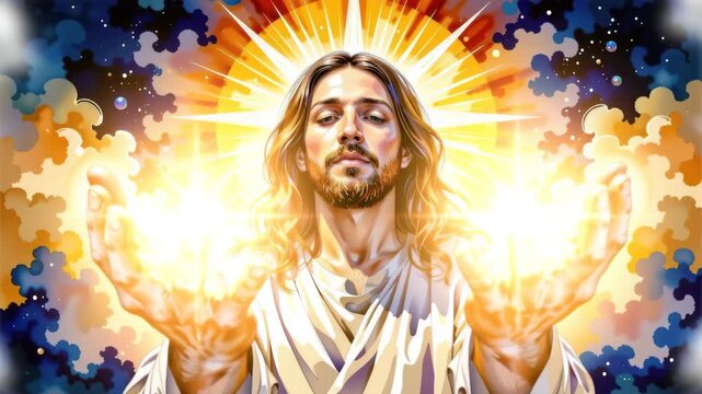 Divine presence in sky depiction of sacred figure appearing in heavenly expanse evoking wonder and spiritual reflection