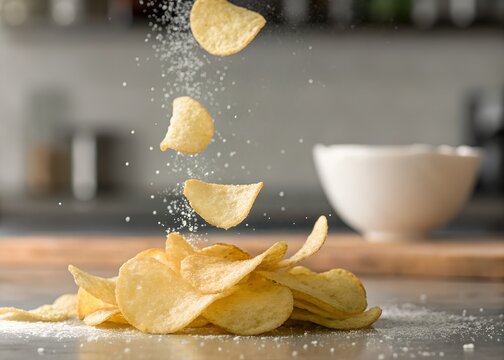 a close-up of crispy potato chips flying through the air, with visible salt particles and a blurred kitchen background.