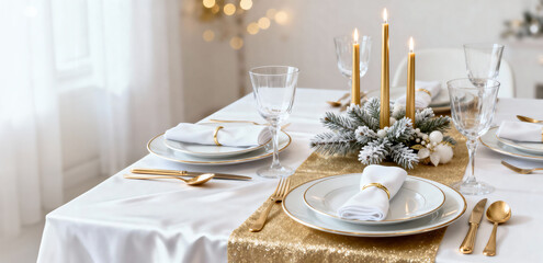 Fototapeta premium Table de fêtes de Noël décoration chic blanc et or