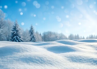 Obraz premium Winter snow background with snowdrifts, snowflakes, and bokeh on blue sky