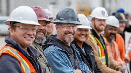 Workforce Pride: A line of hardworking construction workers stand together, showcasing unity and confidence, ready to build a better future.