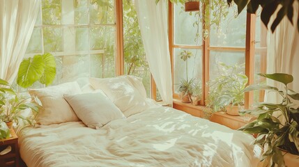 A cozy bedroom with a light-colored duvet and pillows on a bed