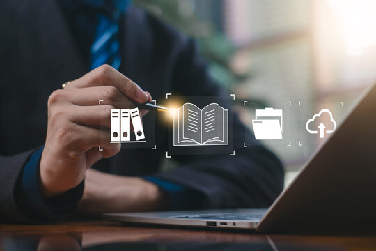 digital book and cloud icons, representing e-learning, online education, library systems, cloud document storage, and modern knowledge management solutions. training course, webinar, e learn platform