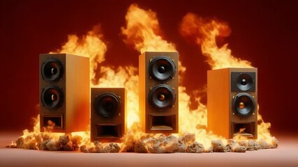 Fiery Speakers: A dynamic shot capturing speakers engulfed in flames, symbolizing the intensity of sound and music in an expressive visual.