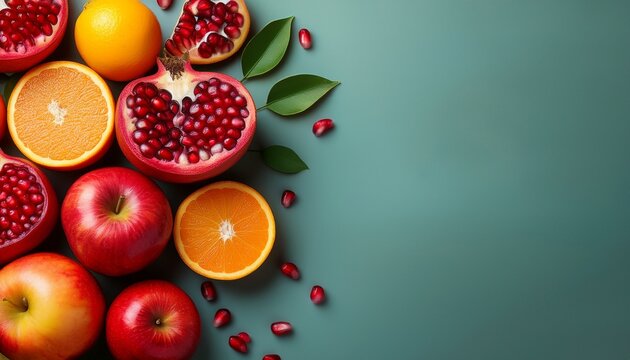 fresh fruit flat lay mockup with apples oranges and pomegranates for healthy eating