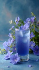 Icy Blue Drink with Flower Garnish Amidst Blue Flax Flowers on Textured Background