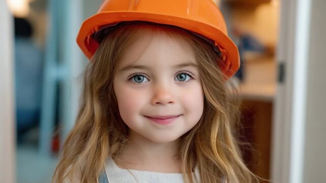 Little Architect's Vision: A cheerful young girl beams at the camera, her face framed by flowing locks and a vibrant orange hard hat, embodying youthful ambition and the spirit of construction. 