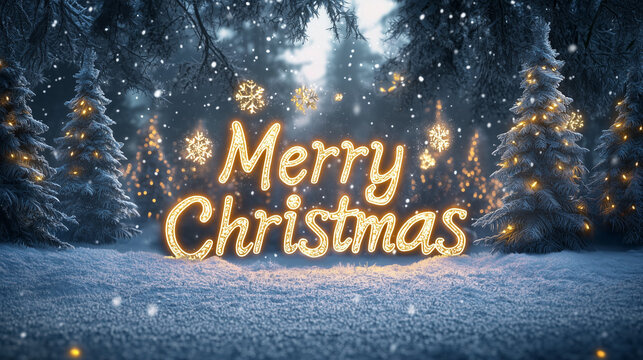 Snowy winter forest with glowing frosty lettering "Merry Christmas" in ice texture, holiday magic. - Powered by Adobe