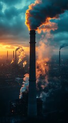 Industrial Landscape Factory Chimneys Releasing Smoke Under a Dramatic Sky at Sunrise or Sunset