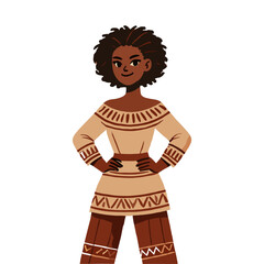 Flat Illustration of African American Woman with Curly Hair in Beige Patterned Outfit