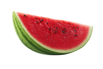 Fresh watermelon slice with vibrant red flesh and black seeds, showcasing its juicy texture and rich green rind, perfect for summer refreshment.