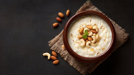 Kheer Dessert in Brown Bowl with Cashews and Almonds on Rustic Fabric